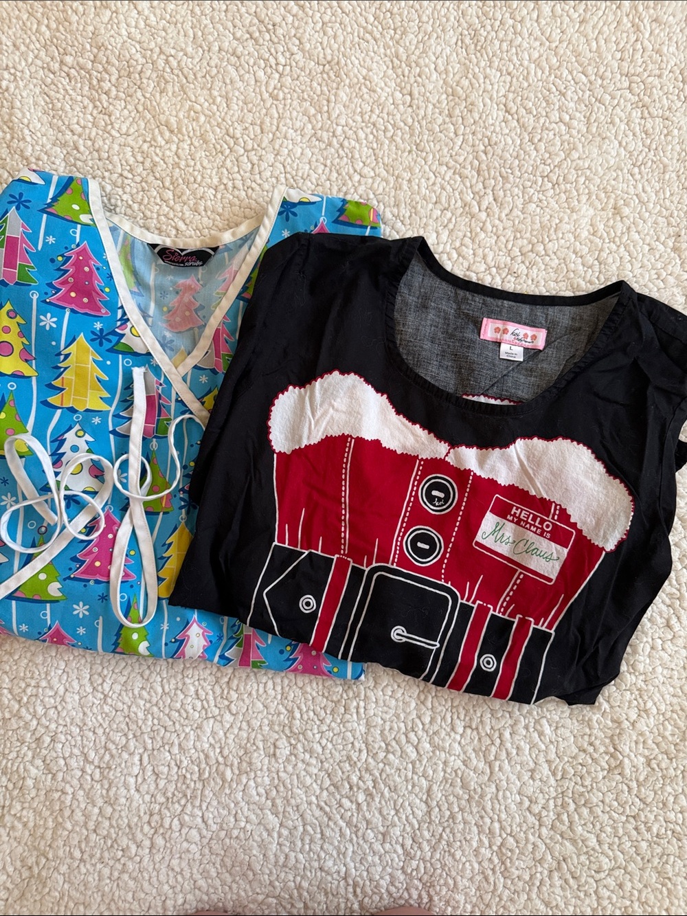 Holiday Scrub Tops - Christmas Tree & Santa Belt Designs